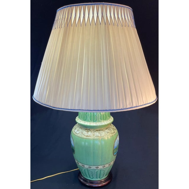Ceramic Table Lamp, Pleated Silk Shade For Sale In New York - Image 6 of 9