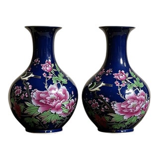 A Pair of Chinese Old Ceramic Vase,Qing Dynasty Qianlong Marked Blue Ground Famille Rose Porcelain Yuhuchun Vase Flowers and Birds Pattern For Sale
