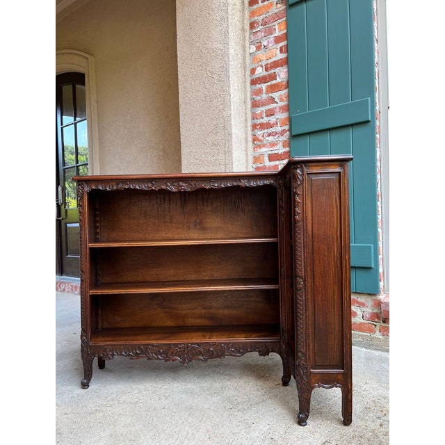 French Country Antique French Corner Bookcase Carved Oak Louis XV Revival Open Shelves C1920 B For Sale - Image 3 of 18
