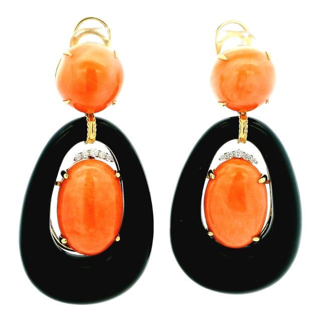 Large Vintage Italian Coral, Onyx & Diamond 18k Gold Statement Drop Earrings, A Pair For Sale