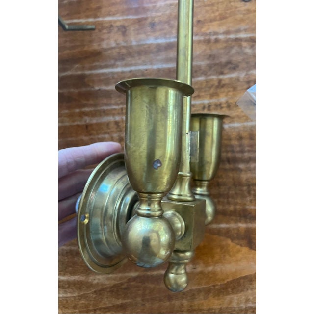 Italian Brass Two-Light Wall Sconces With Original Ivory Shades - Pair For Sale - Image 14 of 15