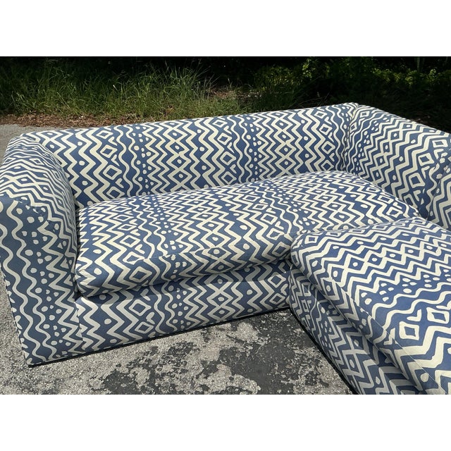Wood Vintage Boho Custom Sectional Sofa in Quadrille “Deauville” Printed Cotton For Sale - Image 7 of 12