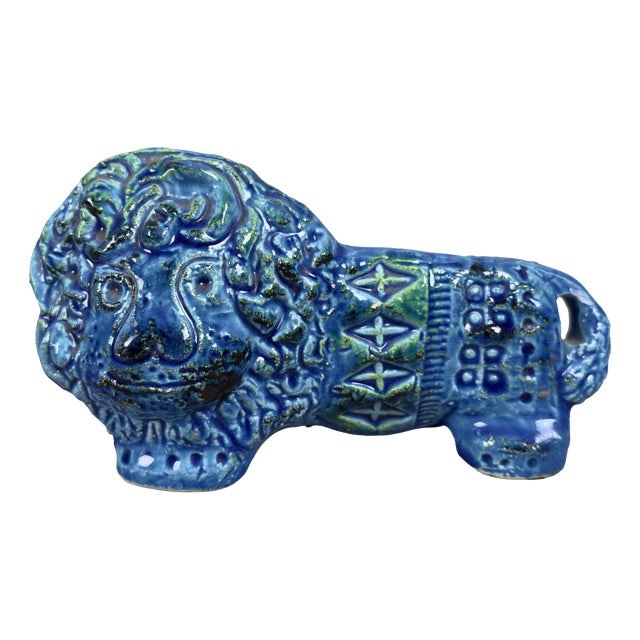 Vintage Blue Ceramic Lion Sculpture by Aldo Londi for Bitossi / Flavia Montelupo, 20th Century For Sale