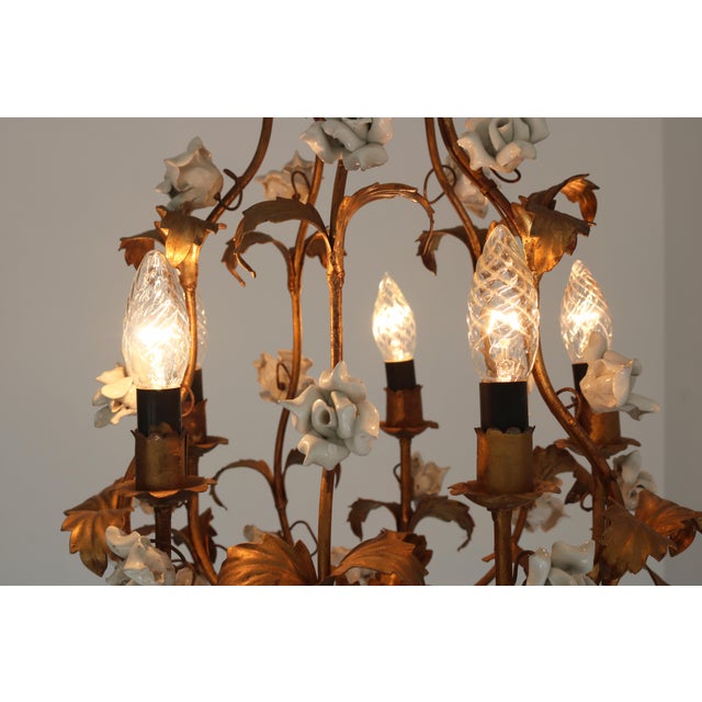 Vintage Florentine Tôle Chandelier with Porcelain Roses, 1950s For Sale - Image 9 of 14
