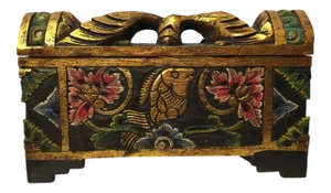 South East Asian Carved Wood Gold Gilt Brilliant Color Vintage Tabletop Treasure Chest