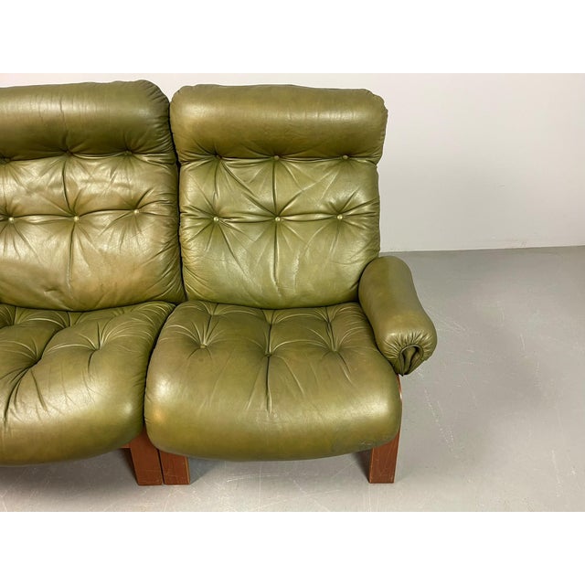 Vintage Scandinavian Two-Seater Ry-Wing Lounge Sofa in Olivegreen Leather by Elsa and Nordahl Solheim for Rybo Rykken & Co, 1960s For Sale - Image 14 of 18