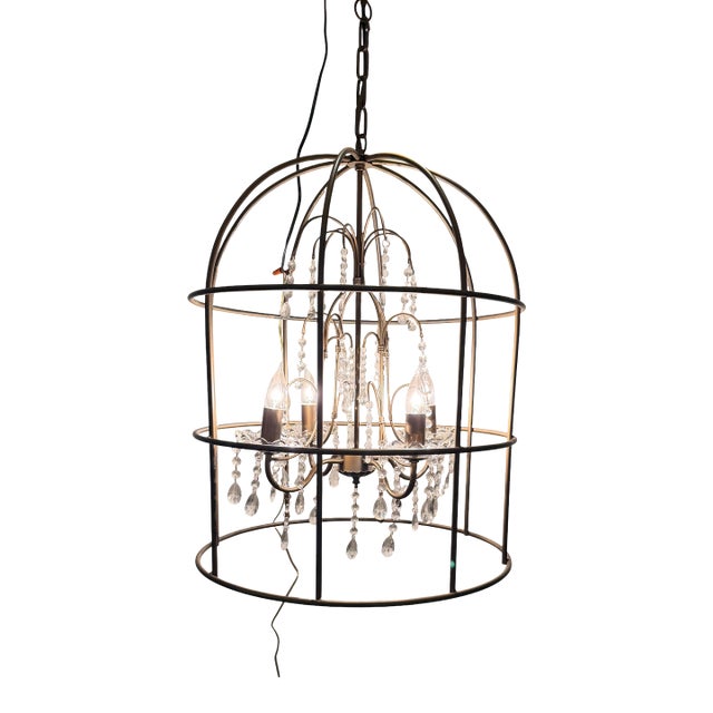 Antique Brass Birdcage Crystal Chandelier Pendant Light – 4 Light French Country Style For Sale