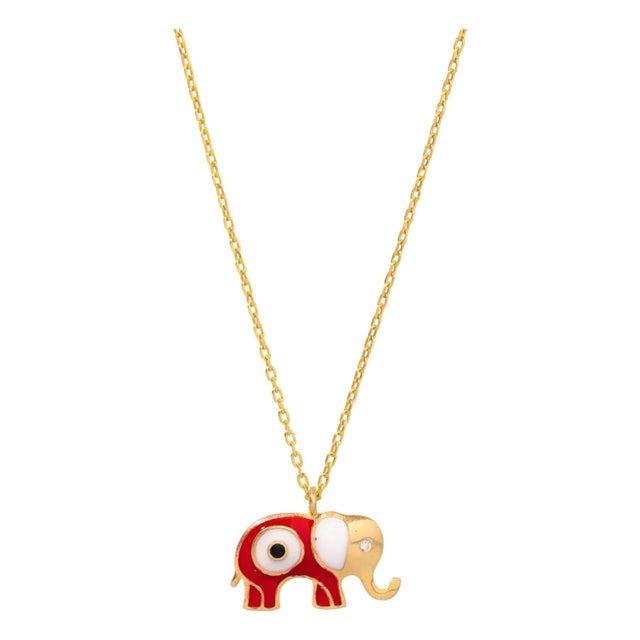 Wishful Elephant & Red Enamel Evil Eye Pendant Gold Chain Necklace For Sale