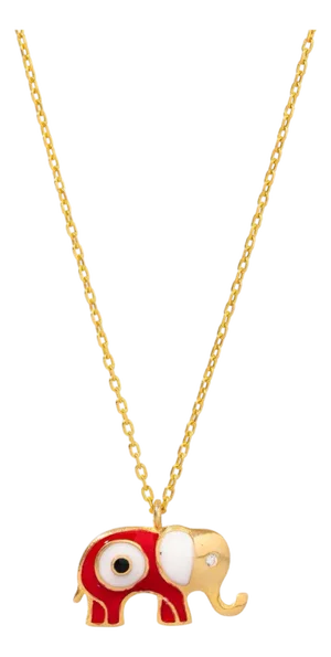 Wishful Elephant & Red Enamel Evil Eye Pendant Gold Chain Necklace