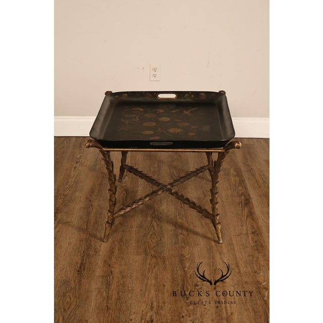 Metal Tole Painted Tray Top Coffee Table With Gilt Metal Base For Sale - Image 7 of 17