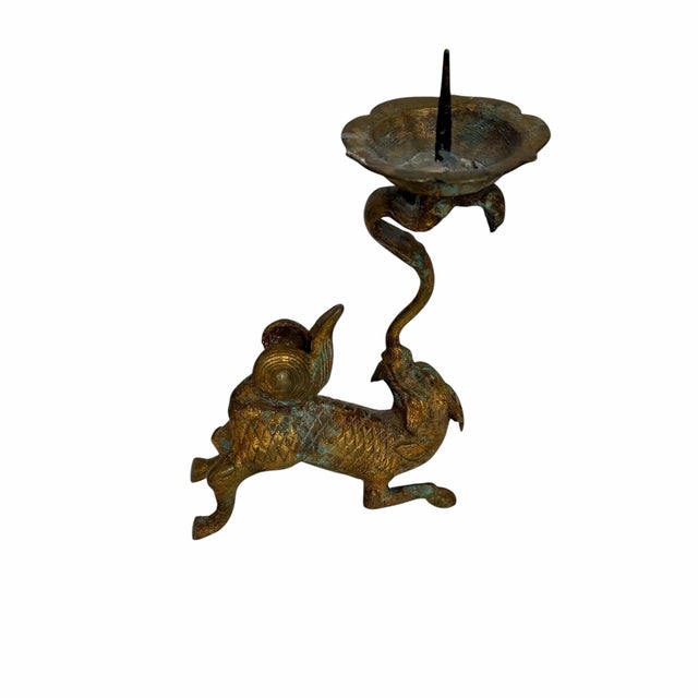 Japanese Vintage Brass Lion Candleholder, Japan For Sale - Image 3 of 9