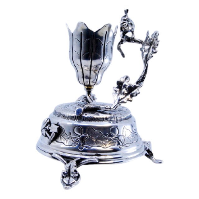 Flower-Shaped Silver Toothpick Holder with Bird Perched on Branch and Base with Acanthus Leaves and Labor Motifs For Sale