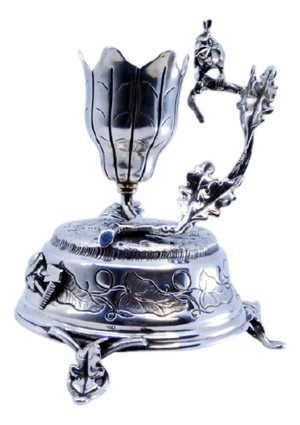 Flower-Shaped Silver Toothpick Holder with Bird Perched on Branch and Base with Acanthus Leaves and Labor Motifs