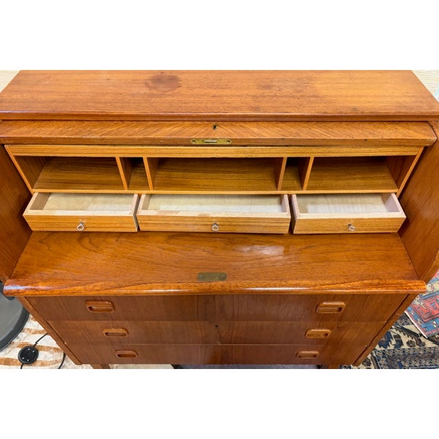 Brown Mid Century Swedish Bookmatched Teak Roll Top Secretary Desk by Egon Ostergaard for Smi, Signed For Sale - Image 8 of 13