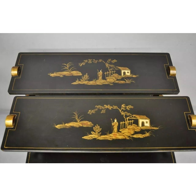 Mid 20th Century Regency Style Black & Gold 3 Tier Whatnot Stands Bookcase Shelf Curio - A Pair For Sale In Philadelphia - Image 6 of 12