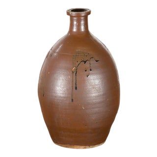 Japanese Taishō Period 1900s Tamba Tachikui Ware Brown Sake Jar with Drip Glaze For Sale