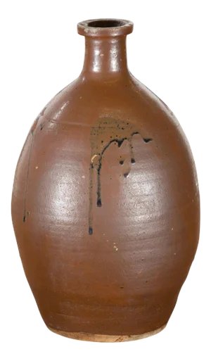 Japanese Taishō Period 1900s Tamba Tachikui Ware Brown Sake Jar with Drip Glaze