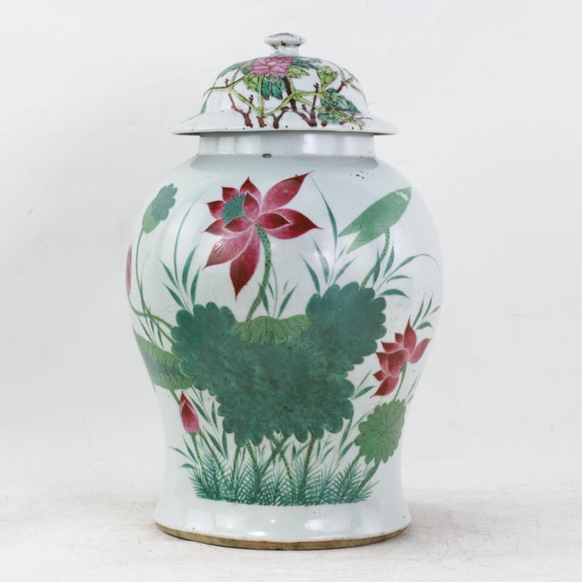 Antique Chinese Famille Rose Porcelain Ginger Jar With Lotus Pond and Water Lily Motif For Sale - Image 17 of 17