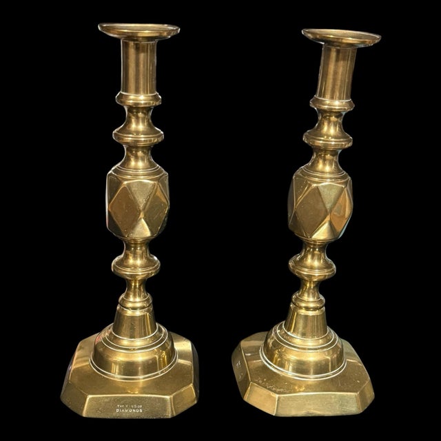 Metal Brass Candlestick Holders Antique Victorian Brass King of Diamonds Candlestick Holder Pair, C. 1897 Diamond Jubilee Push-Up Holders For Sale - Image 7 of 9