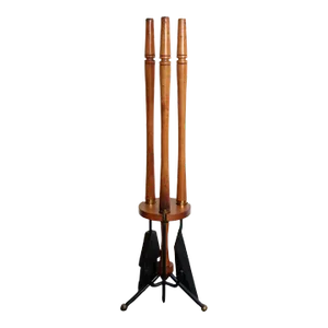 Mid-Century Modern Walnut and Brass Fireplace Tool Set in the Manner of Umanoff
