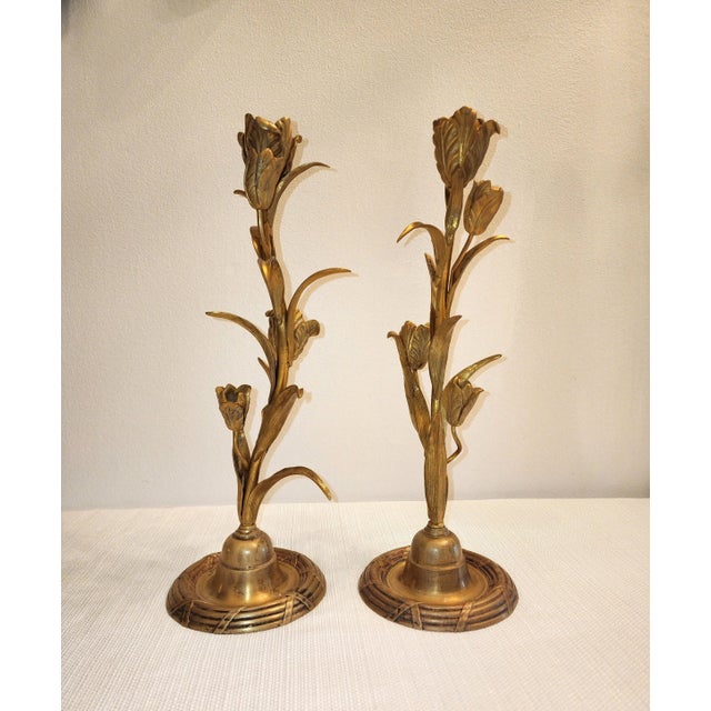 Art Nouveau Late 19th Century Art Nouveau Brass Tulip Candle Holders - A Pair For Sale - Image 3 of 10