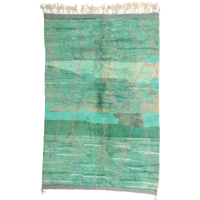 21096 Modern Green Beni Mrirt Moroccan Rug, 05'09 x 08'04. The Abstract Atlas Reverie: A Beni Mrirt Moroccan Masterpiece...
