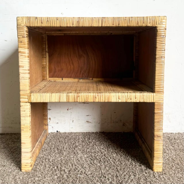 This charming boho chic side table or nightstand showcases natural wicker rattan craftsmanship, perfectly complementing...