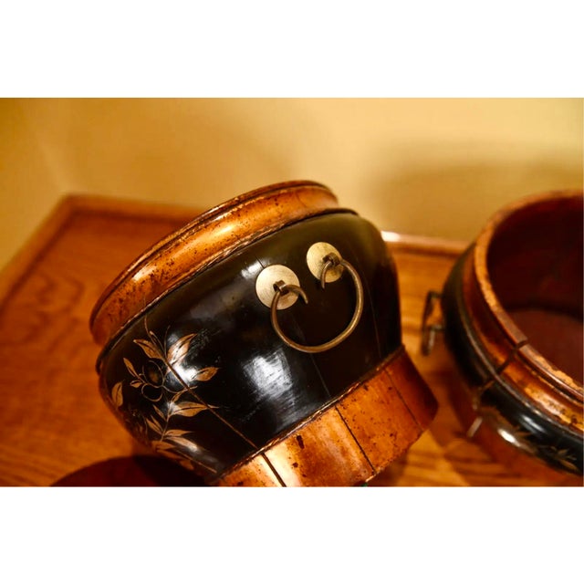 Antique Chinese Lacquered Wooden Lidded Storage Vessels—A Pair For Sale - Image 10 of 11