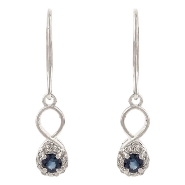 Elegant Blue Sapphire Halo Diamonds Infinity Drop Earrings in Sterling Silver- A Pair For Sale