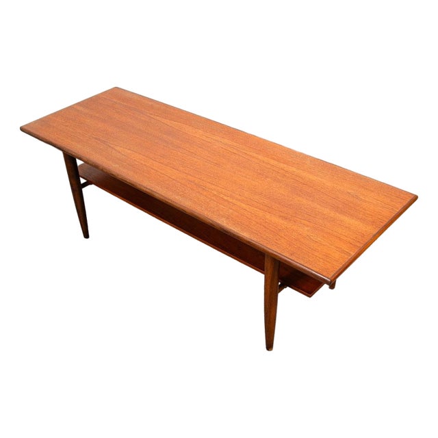 1960s Mid Century Danish Modern Coffee Table Solid Teak Vintage Surfboard Shelf Retro For Sale