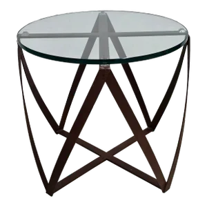 Mid Century Patinated Metal Drum Form Base and Glass Top Side Table