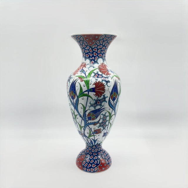 Handmade Ceramic Palace Vase (50cm) Red Carnations and Geometric Mosaic Neck Pedestal Urn For Sale - Image 6 of 8