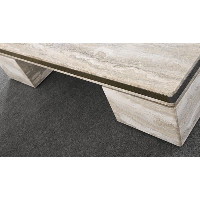 1980s Travertine and Stainless Steel Coffee Table Manner of Karl Springer For Sale - Image 6 of 10