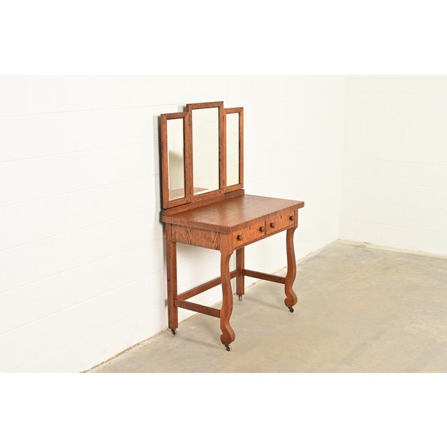 Victorian Antique American Empire Tiger Oak Vanity Dressing Table With Mirror, Circa 1900 For Sale - Image 3 of 14