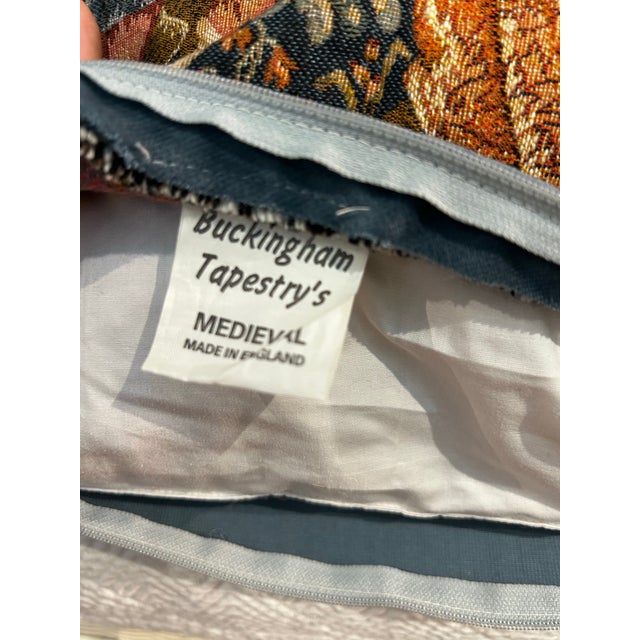 Vintage English Medieval Millefleurs Tapestry 19.5”Pillow “Courtly Garden Scene” Made in England - With Down Insert For Sale - Image 9 of 10