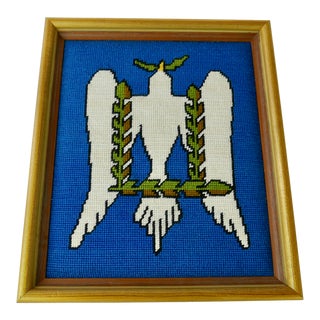 Vintage Peace Dove Needlepoint Textile Art, Framed For Sale