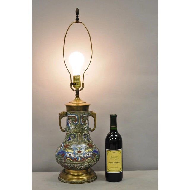 Vintage Chinese Porcelain Enamel Bronze Cloisonne Champleve Vase Table Lamp For Sale - Image 12 of 12