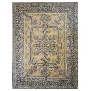 Antique Persian Tabriz Wool 10x13 Tan, Blue & Charcoal Handmade Area Rug #9902951