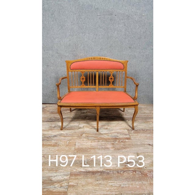 Art Nouveau Bench in Light Wood and Marquetry, 1900 For Sale - Image 4 of 7