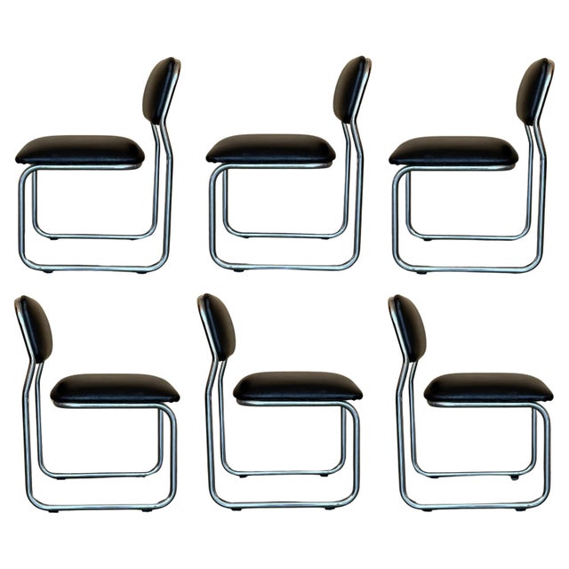 Metal Set of Six Cantilever Chars in Leather and Steel, 1970s For Sale - Image 7 of 18