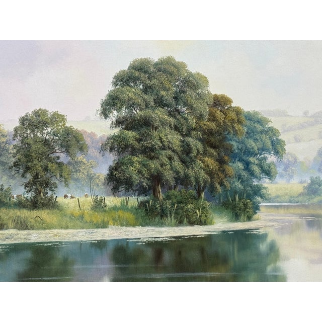 Realism Peaceful Misty Riverside in the English Countryside with Cows & Tree Reflections Circa 1990 For Sale - Image 3 of 17