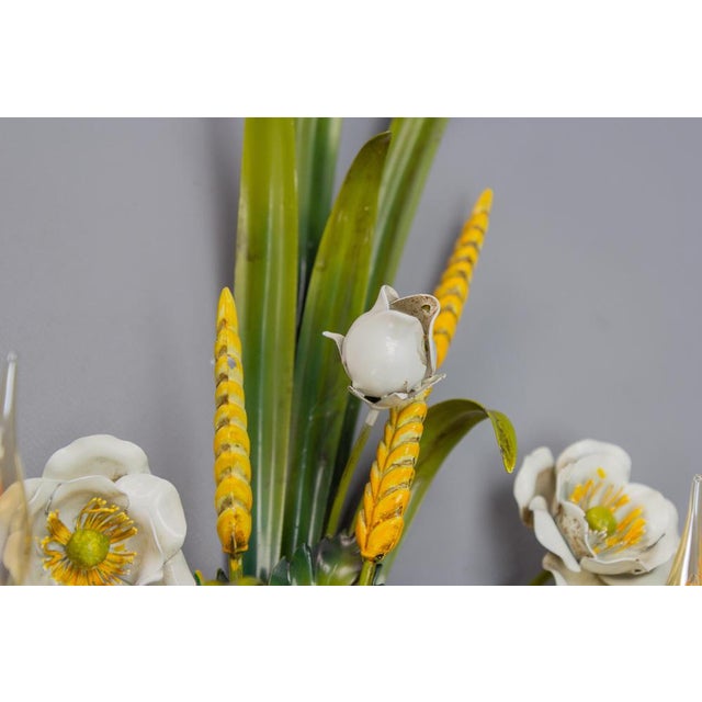 Green Italian Toleware White Poppy and Wheat Green Floral Bouquet Two-Light Sconce, 1960s For Sale - Image 8 of 18