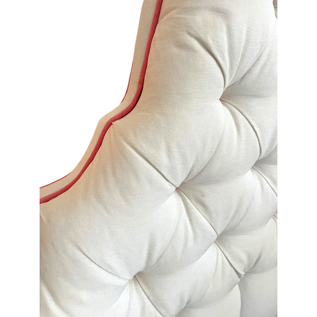 Textile Custom Upholstered Twin Headboards in Ivory Canvas With Pink Contrast Welt Scalloped Silhouette Coastal Hollywood Regency For Sale - Image 7 of 15