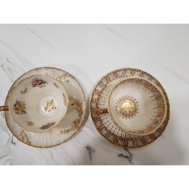 English 2 Belleek Willets Signed M a Hand Painted Teacups and Saucers For Sale - Image 3 of 9