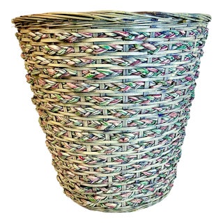 1970s Vintage Boho Chic Coastal Colorful Dyed Wicker Wastebasket For Sale