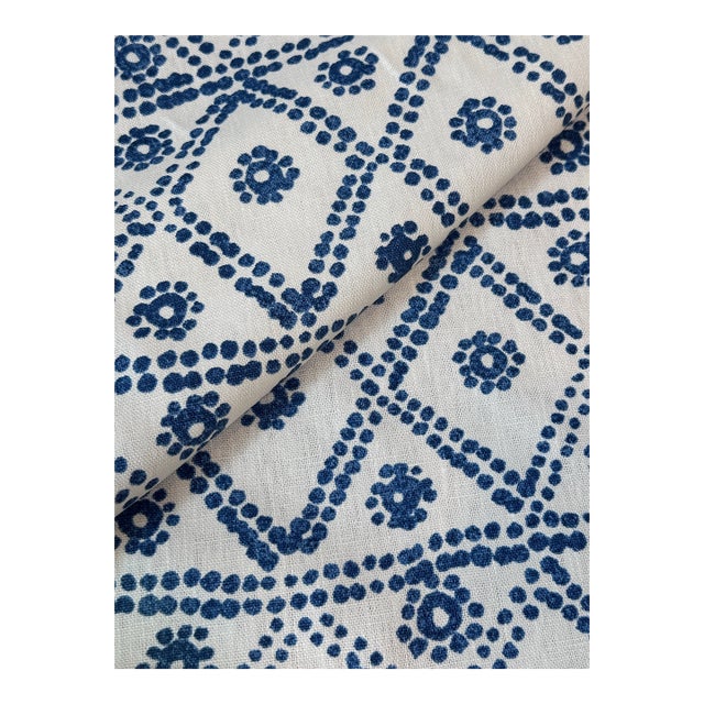Carolina Irving Zig Zag Reverse 100% Linen Fabric in Sapphire 2 7/8 Yards For Sale
