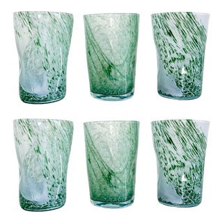 Green Mist Confetti Murano Glass Hand Blown Tumblers Drinking (Cups Set of 6) For Sale