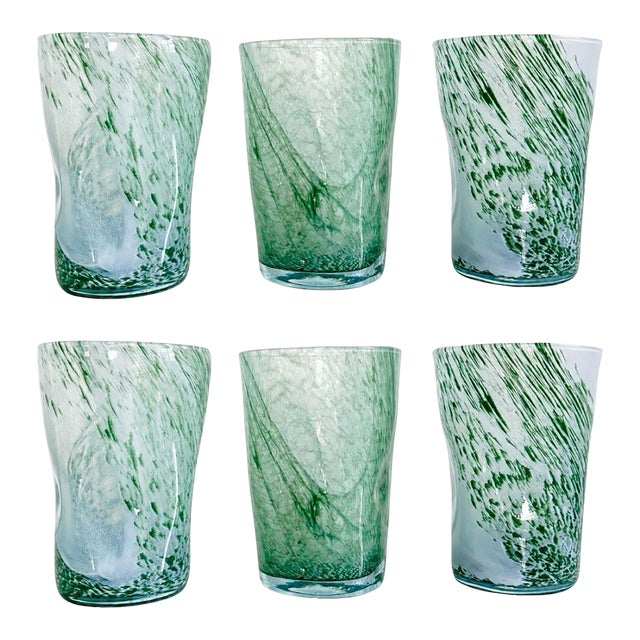 Green Mist Confetti Murano Glass Hand Blown Tumblers Drinking (Cups Set of 6) For Sale