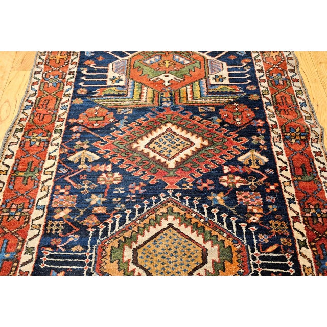 Vintage Heriz Serapi Runner Rug, Hand-Knotted Wool, Geometric Medallion Pattern, Navy, 3x12 For Sale - Image 14 of 16