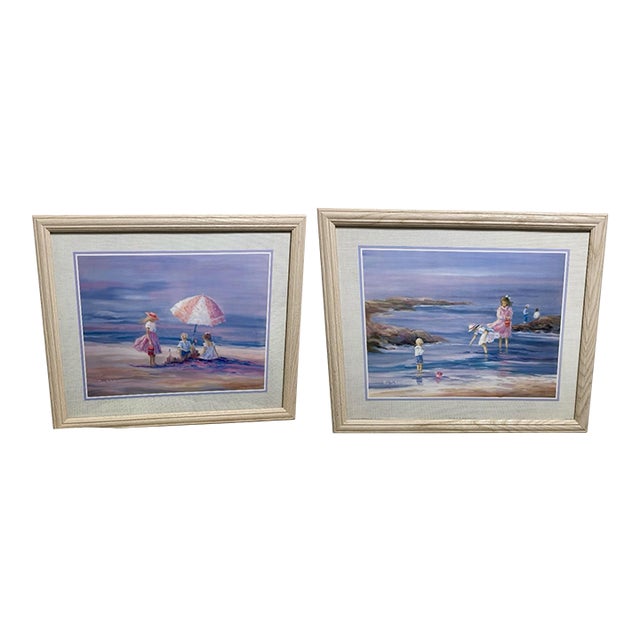 1990s Nora DeBolt Coastal Beach Lithographs in Light Wood Frames, 1992 - a Pair For Sale